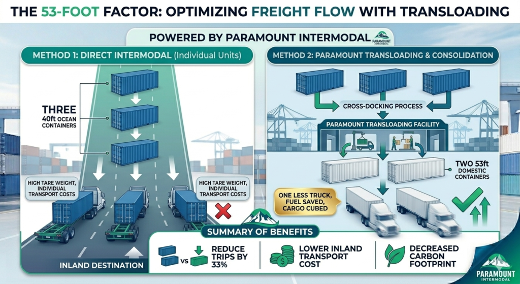 Infographic illustrating freight consolidation: converting three 40ft ocean containers into two 53ft domestic containers via Paramount Intermodal transloading services.