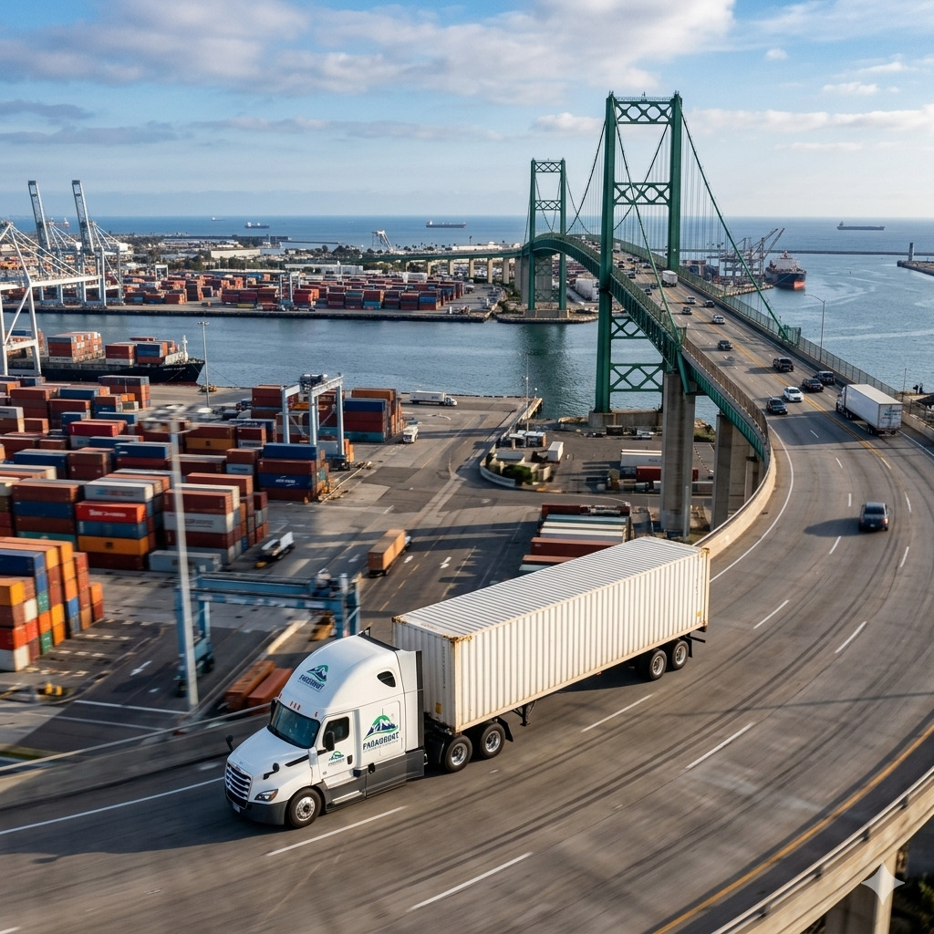 A Paramount Intermodal truck hauling a container at the Port of Long Beach, illustrating efficient drayage and port terminal synchronization.