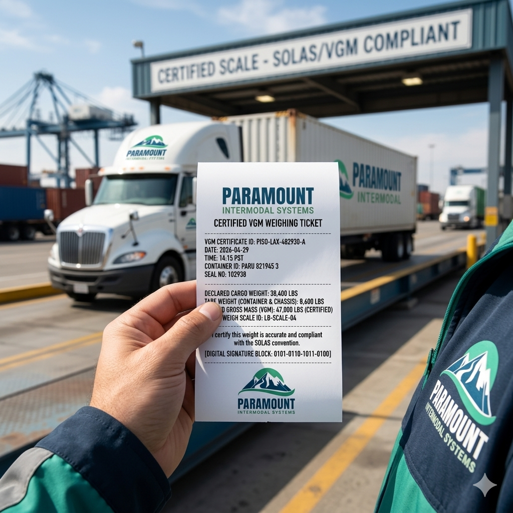 A certified intermodal truck at a weighing station providing a Verified Gross Mass (VGM) digital receipt, ensuring SOLAS compliance for Paramount Intermodal cargo.