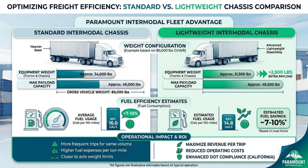 Comparison chart showing how Paramount Intermodal lightweight chassis increase payload capacity by 2,500 lbs and improve fuel efficiency.